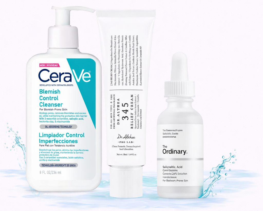 CERAVE BLEMISH CONTROL CLEANSER + 345 RELIEF CREAM + ORDINARY SALICYLIC ACID