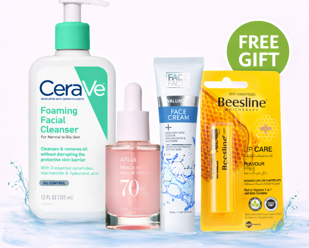CERAVE FOAMING CLEANSER +ANUA PEACH SERUM + FF CREAM HYALURONIC + BEESLINE FREE GIFT